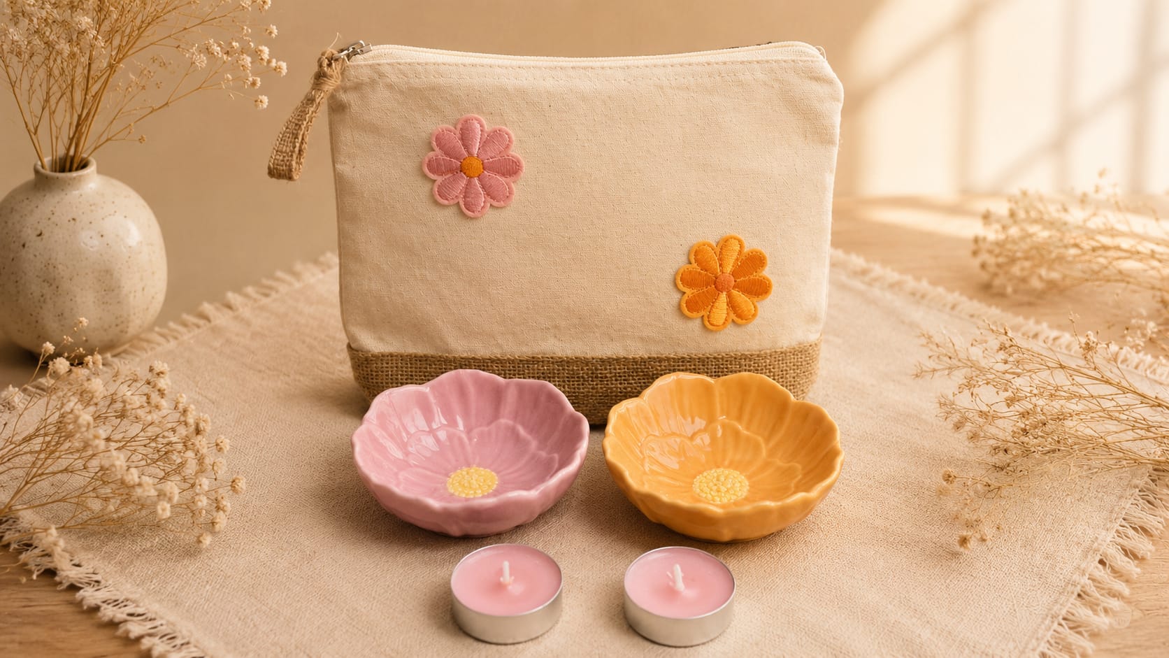 Bloemschaaltjes roze/oranje cadeauset