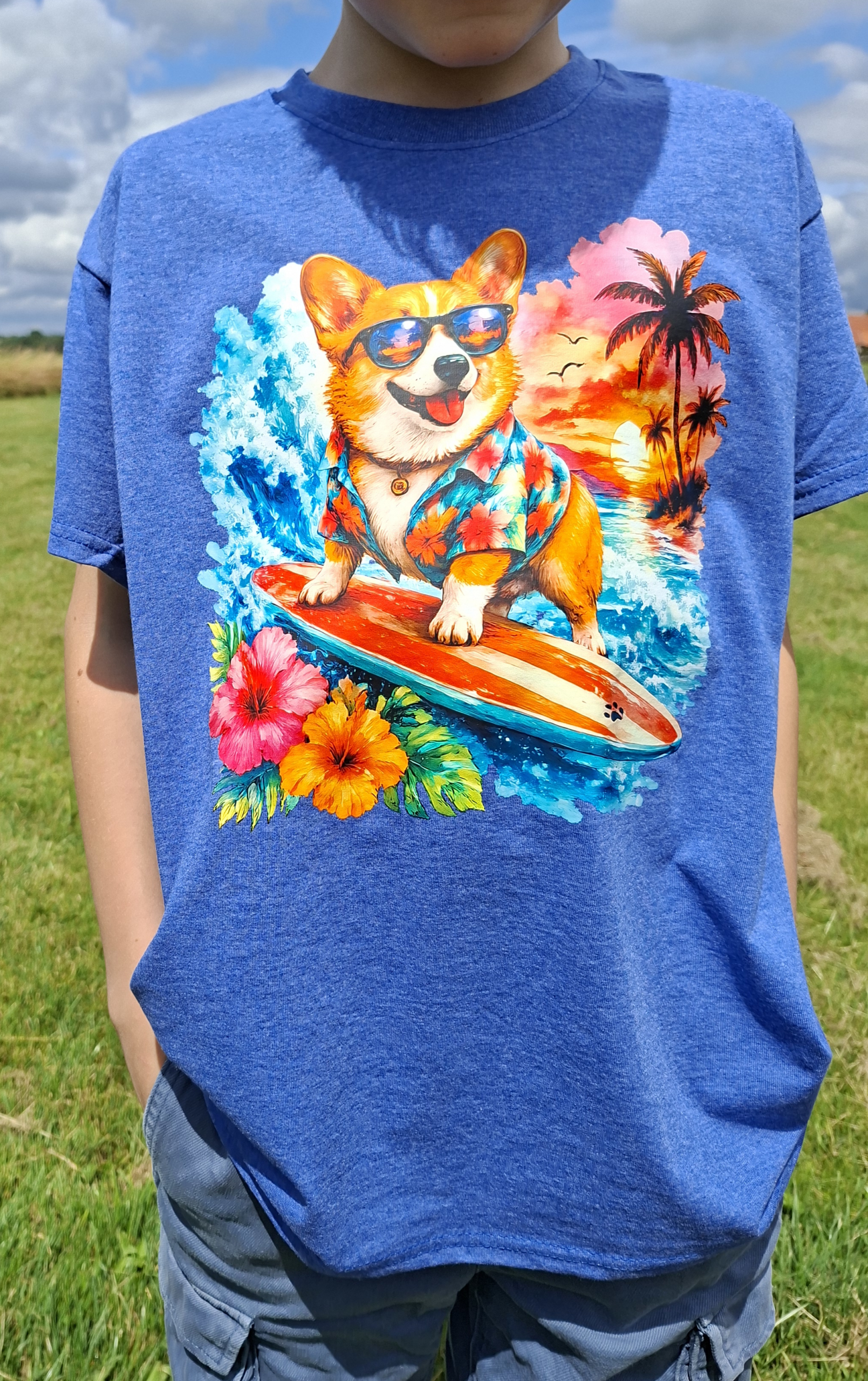 Surfende Corgi Kinder T-shirt