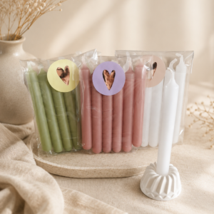 Cadeauset met 6 Mini Dinerkaarsjes met kaarsenhouder van gips