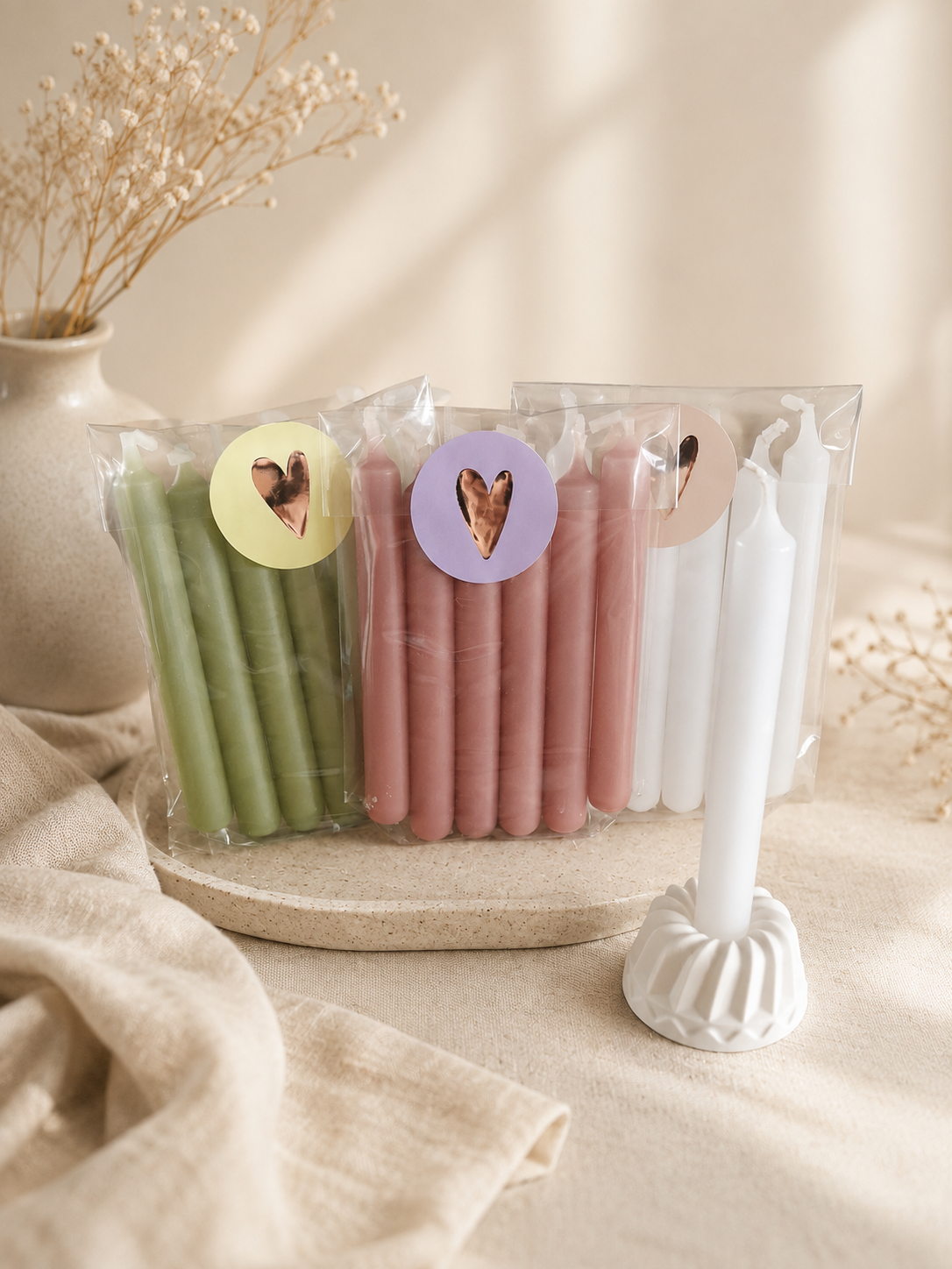 Cadeauset met 6 Mini Dinerkaarsjes met kaarsenhouder van gips
